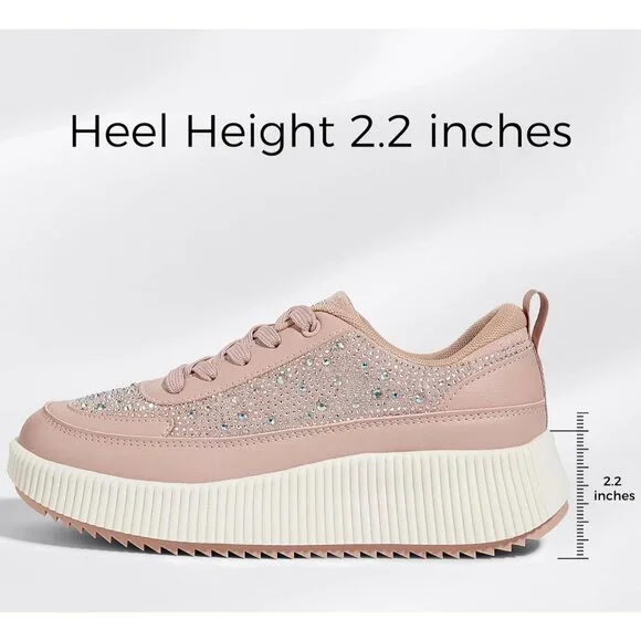 Lucky Step Women's Pink Rhinestone Platform Sneakers Fashion Chunky Shoes - Picture 4 of 6